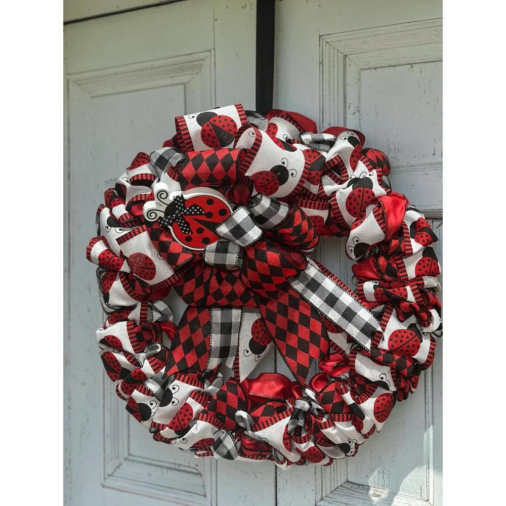 Handmade Ribbon Ladybug Wreath: Vibrant Red Black Decor